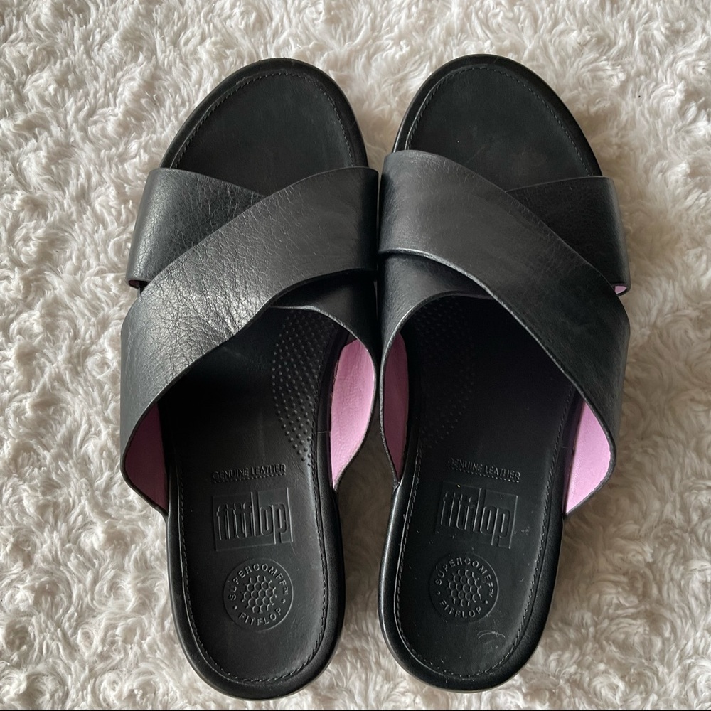 Fitflop Black Leather Crisscross Strap Wedge Slide Sandals Size 8